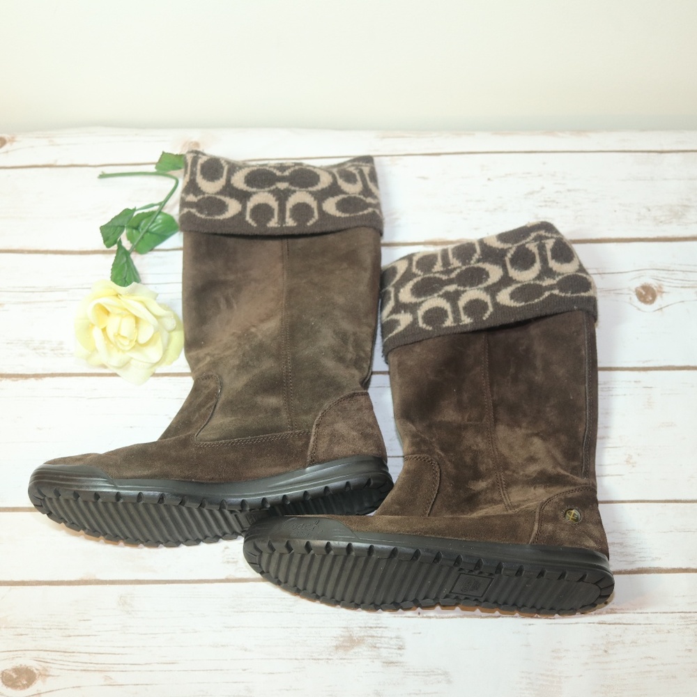 Coach Tatum Brown Suede Sig C Boots Sz 7.5 M - Picture 1 of 8
